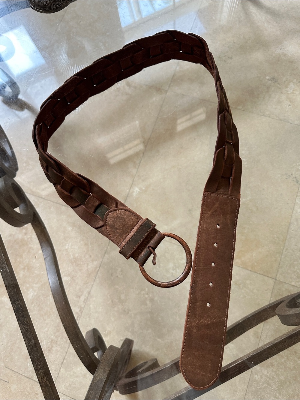 Vintage Hollister Braided Brown Leather Belt with Round Ring Buckle